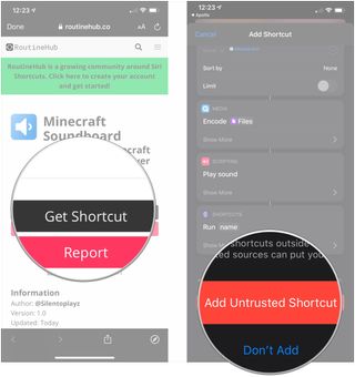 Add a shared shortcut to your library, showing how to tap a shortcut link, then tap Add Shortcut