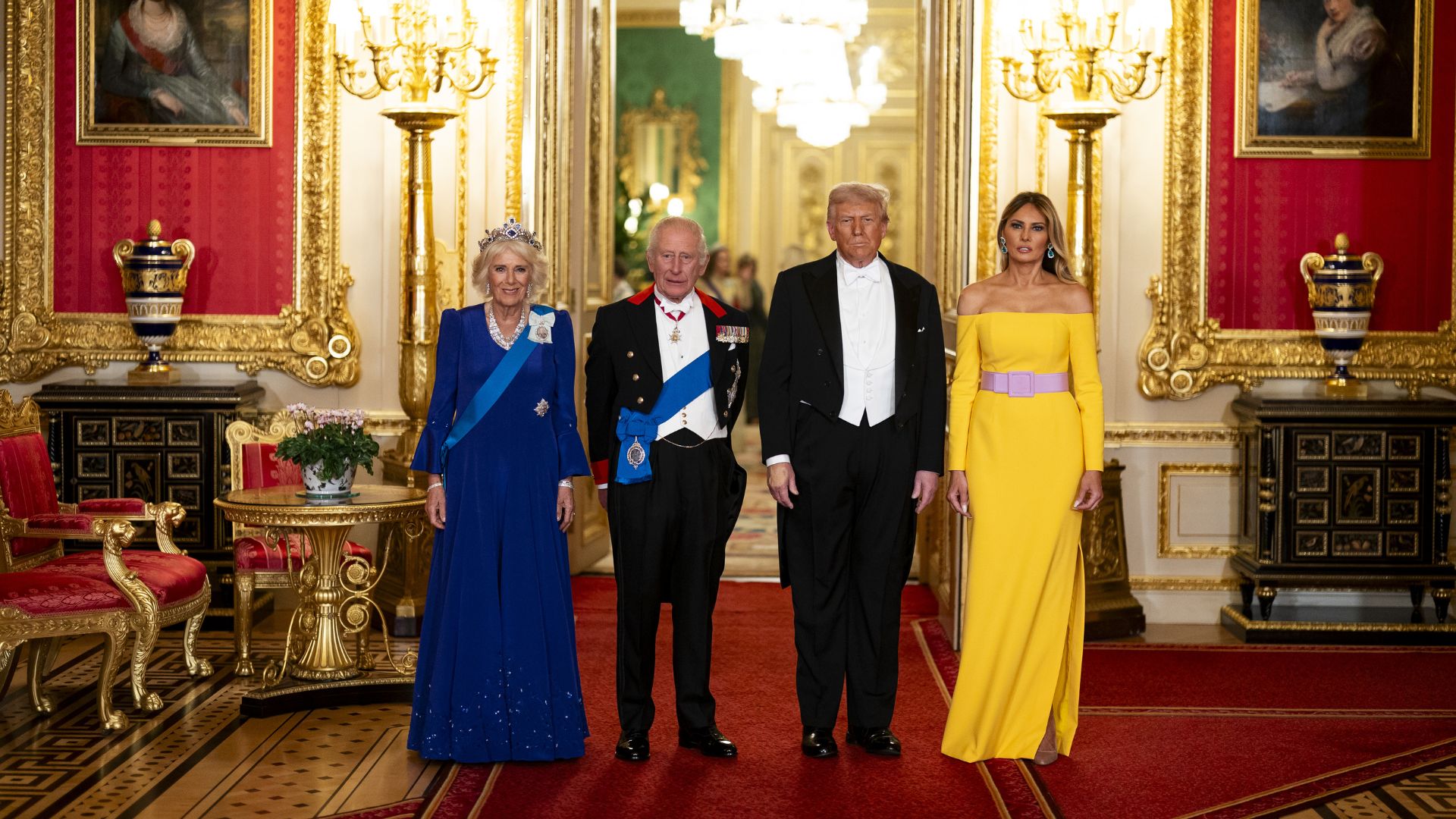 King Charles III and US President Donald Trump with Queen Camilla and First Lady Melania Trump at the state banquet at Windsor Castle