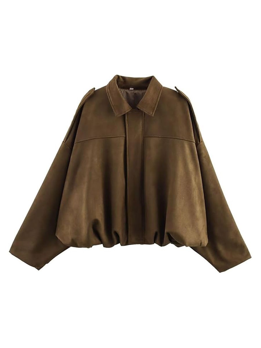 Xunger, Xunger Women's Faux Suede Bomber Jacket Spring Lapel Pilot Coat Casual Oversized Long Sleeves Trendy Streetwear Outerwear(1026-Brown-M-Rd)