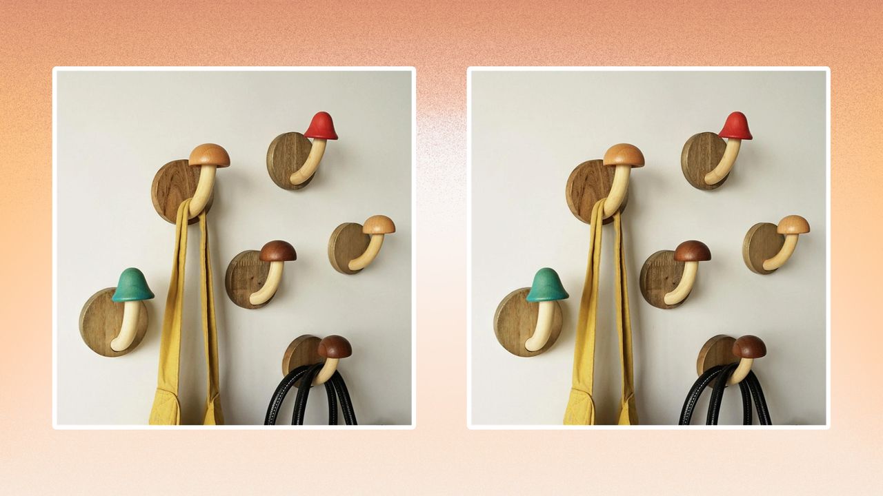 Mushroom wall hooks on an orange background