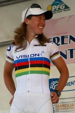 2008 Olympic and World Champion Nicole Cooke on the podium in Monzambano after winning the Giro del Trentino in 2009.