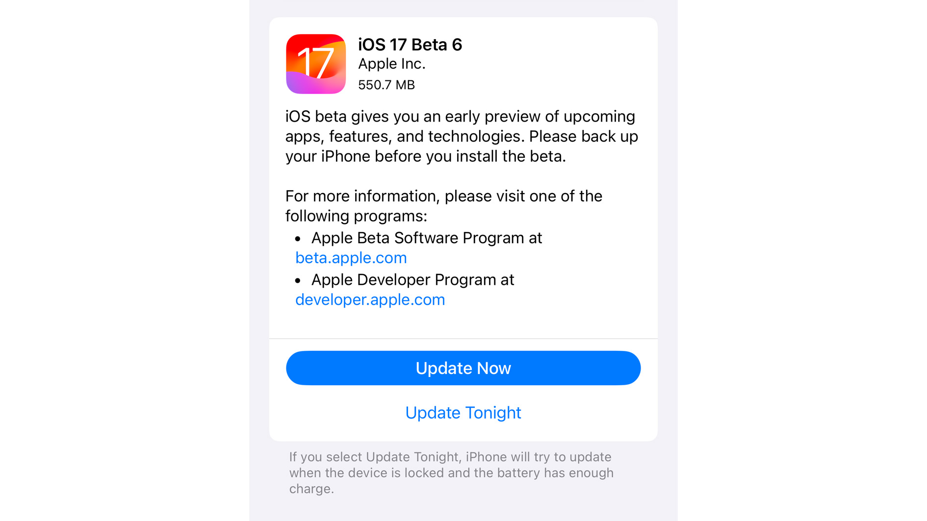 Ein Screenshot des öffentlichen Beta-6-Downloads von iOS 17
