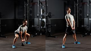 Man demonstrates two positions of the sumo deadlift using a kettlebell