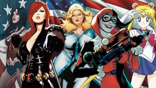 collage of female superheroes including Wonder Woman, Black Widow, Faith, Harley Quinn, and Sailor Moon