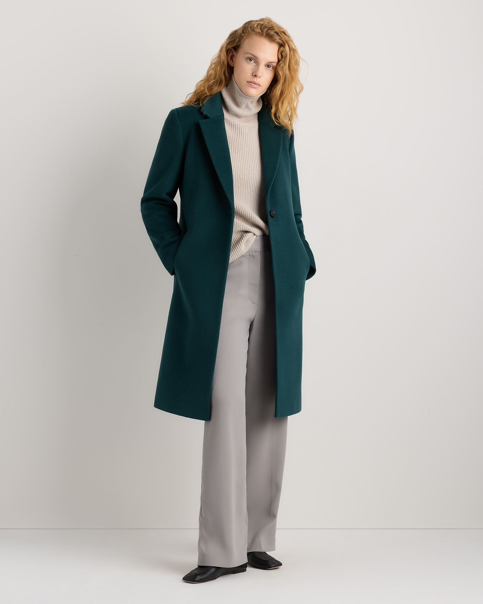 Wool Cashmere Classic Single-Breasted Coat in Nocturnal Green