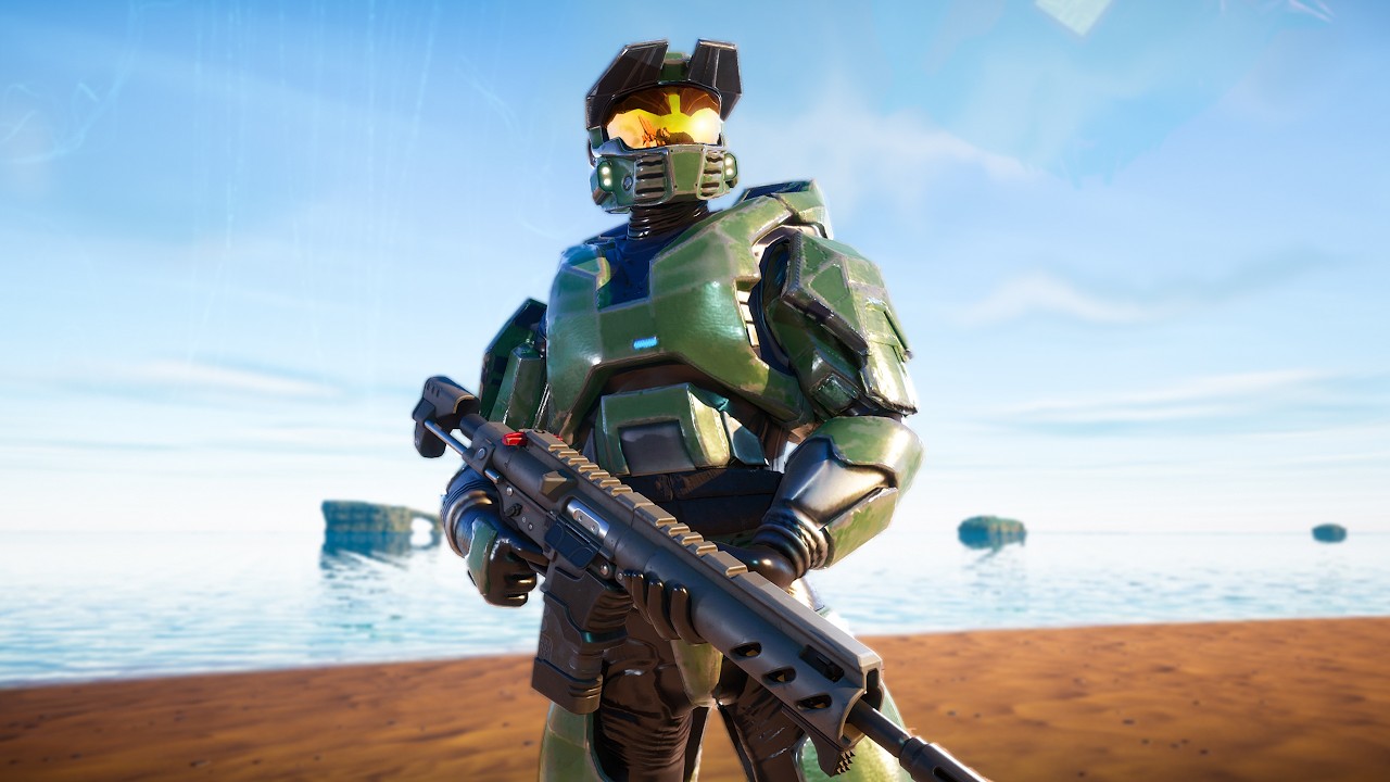 Master Chief holding a shotgun on a beach in Fortnite, showcasing a fan-made recreation of Halo: Combat Evolved built with Unreal Editor for Fortnite.