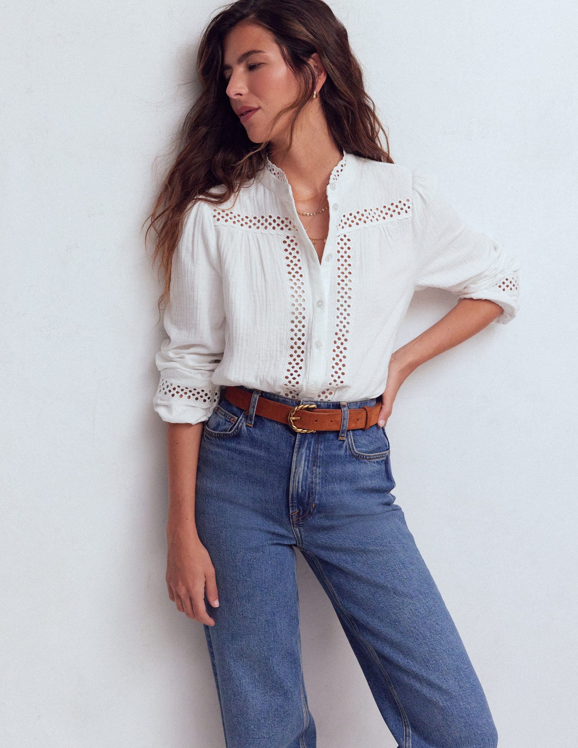 Trim Detail Double Cloth Top-White