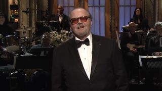 Jack Nicholson in a tuxedo presenting on Saturday Night Live's 40th anniversary special