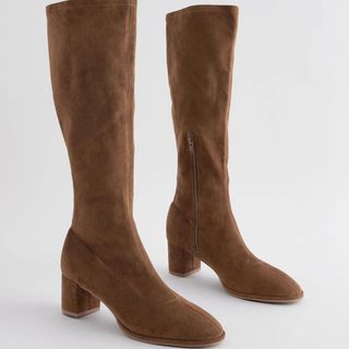 brown sock-style knee high boots