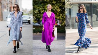 street style influencers wearing doc martens outfits with dresses