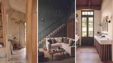 three images compiled of interiors decorated with natural materials 
