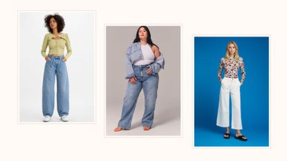 composite of models wearing the best wide leg jeans from Levi's, Abercrombie, Omnes
