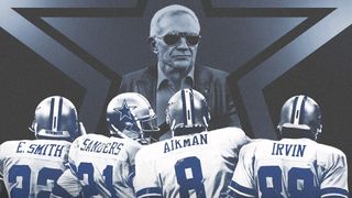 Jerry Jones superimposed over image of Emmitt Smith, Deion Sanders, Troy Aikman and Michael Irvin in Cowboys uniforms