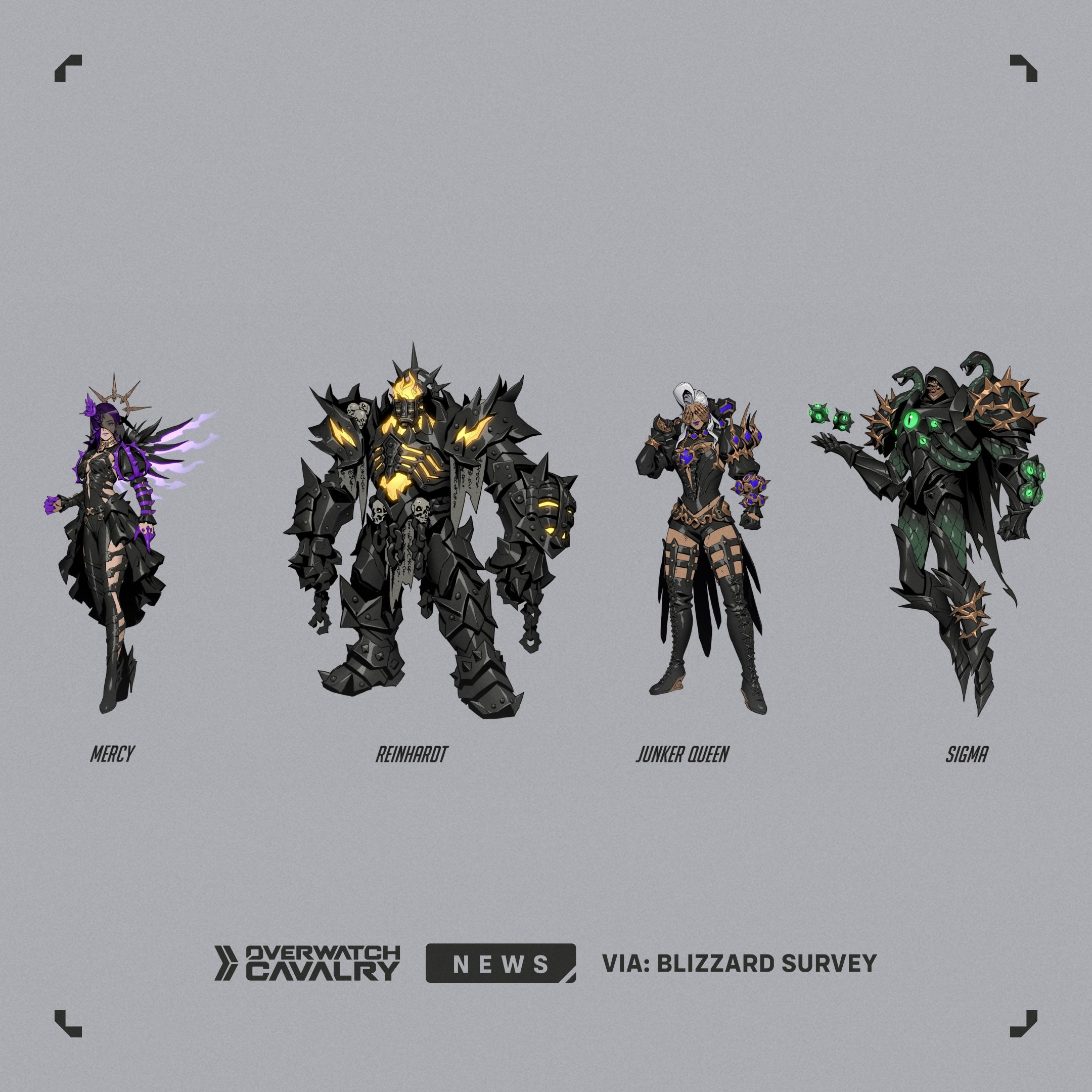 Overwatch survey skins: The Seven Deadly Sins concept theme, showing sketches of various potential skins.