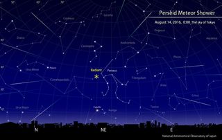 The 2016 Perseid meteor shower will appear to radiate out from the constellation Perseus as shown in this sky map from the National Astronomical Observatory of Japan. The Perseids will peak on Aug. 12, 2016.