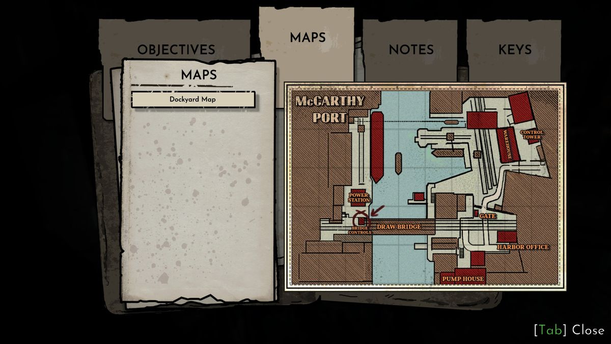 Fallen Aces map screen showing large harbor level