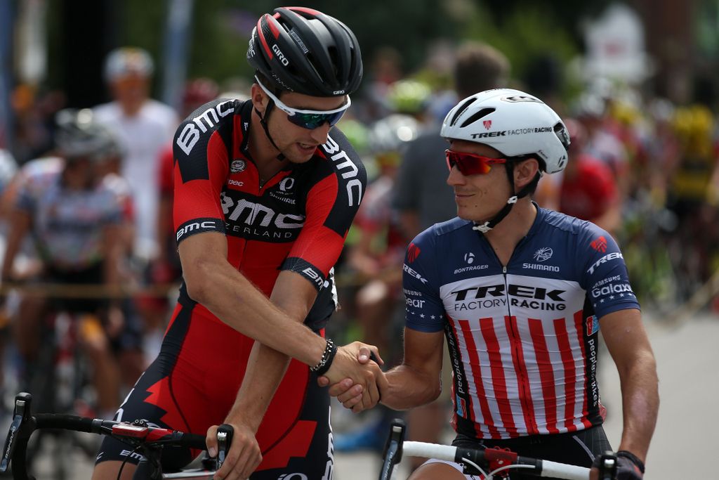 Taylor Phinney and US champ Matthew Busche (Trek) chat on the start line