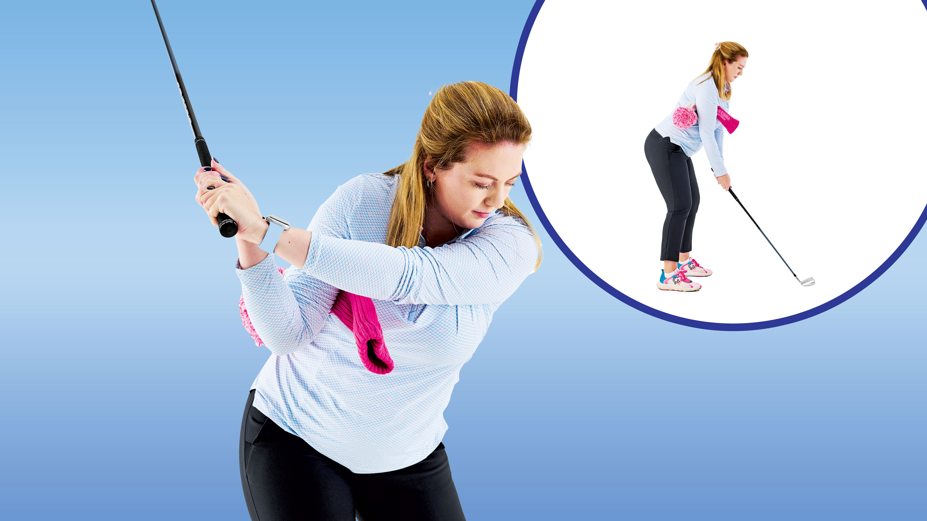 Jo Taylor demonstrating a drill to fix a slice, with a headcover under her trail arm to maintain connection throughout the golf swing, with an inset image of the same drill from down the line at address