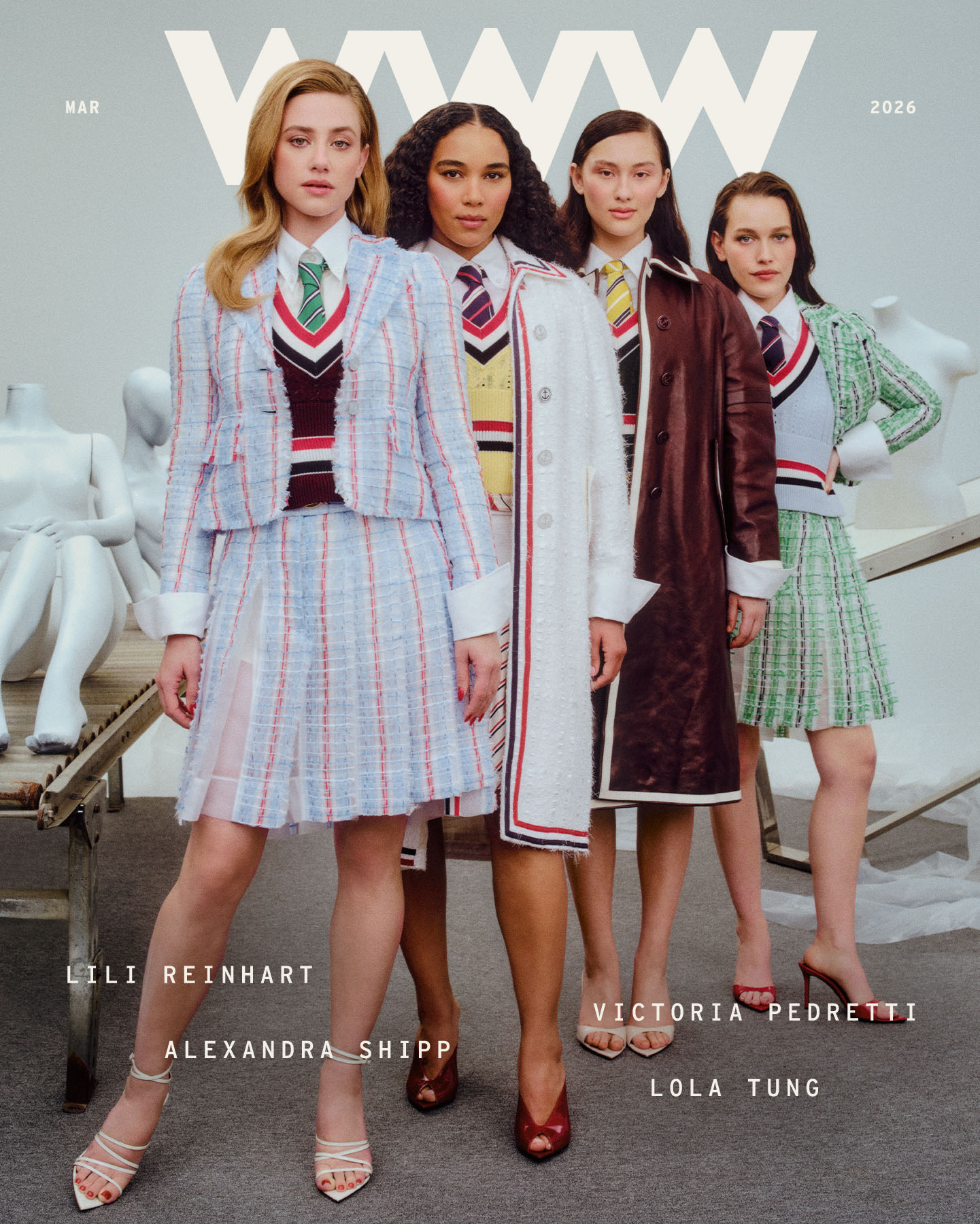 Who What Wear 2026 Spring Issue cover featuring Lili Reinhart, Alexandra Shipp, Victoria Pedretti, and Lola Tung wearing tweed suit outfits standing in front of one another.