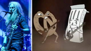 A photo of Troy Sanders next to characters in Aqua Teen Hunger Force