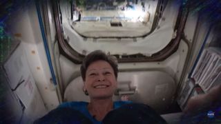 NASA astronaut Peggy Whitson performs weightless somersaults while recording a welcome video on the International Space Station for the incoming 2017 astronaut class.