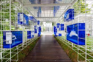 A wooden walkway surrounded by square wire walls with blue containers built into the wire containing various white models.