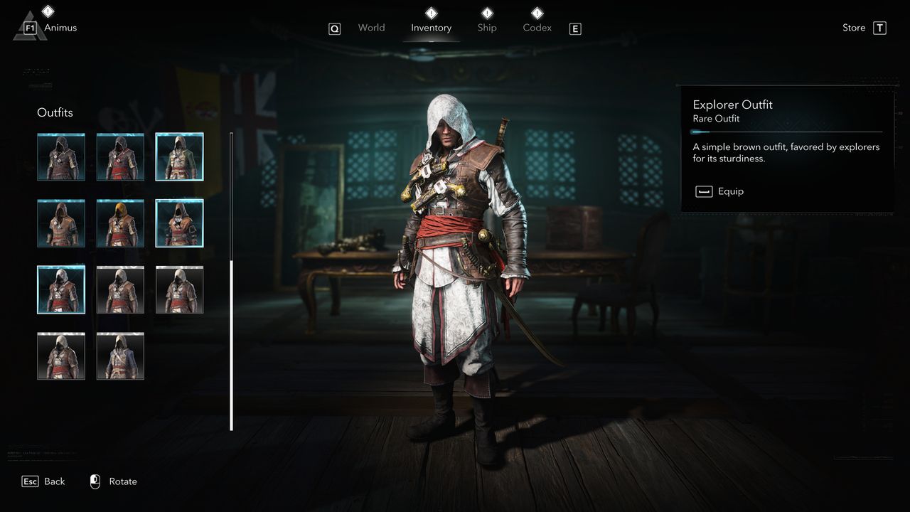 Black Flag Resynced outfits: Edward wearing the Explorer Outfit in the inventory screen.