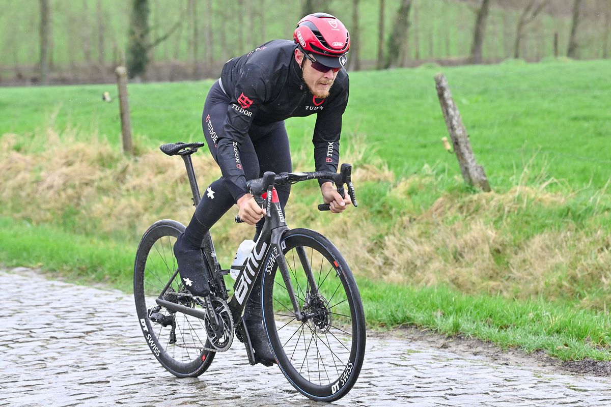 Italian Matteo Trentin of Tudor Pro Cycling Team rides during the route reconnaissance of next day's cycling race Omloop Het Nieuwsblad, near Ghent on February 23, 2024. (Photo by DIRK WAEM / Belga / AFP) / Belgium OUT