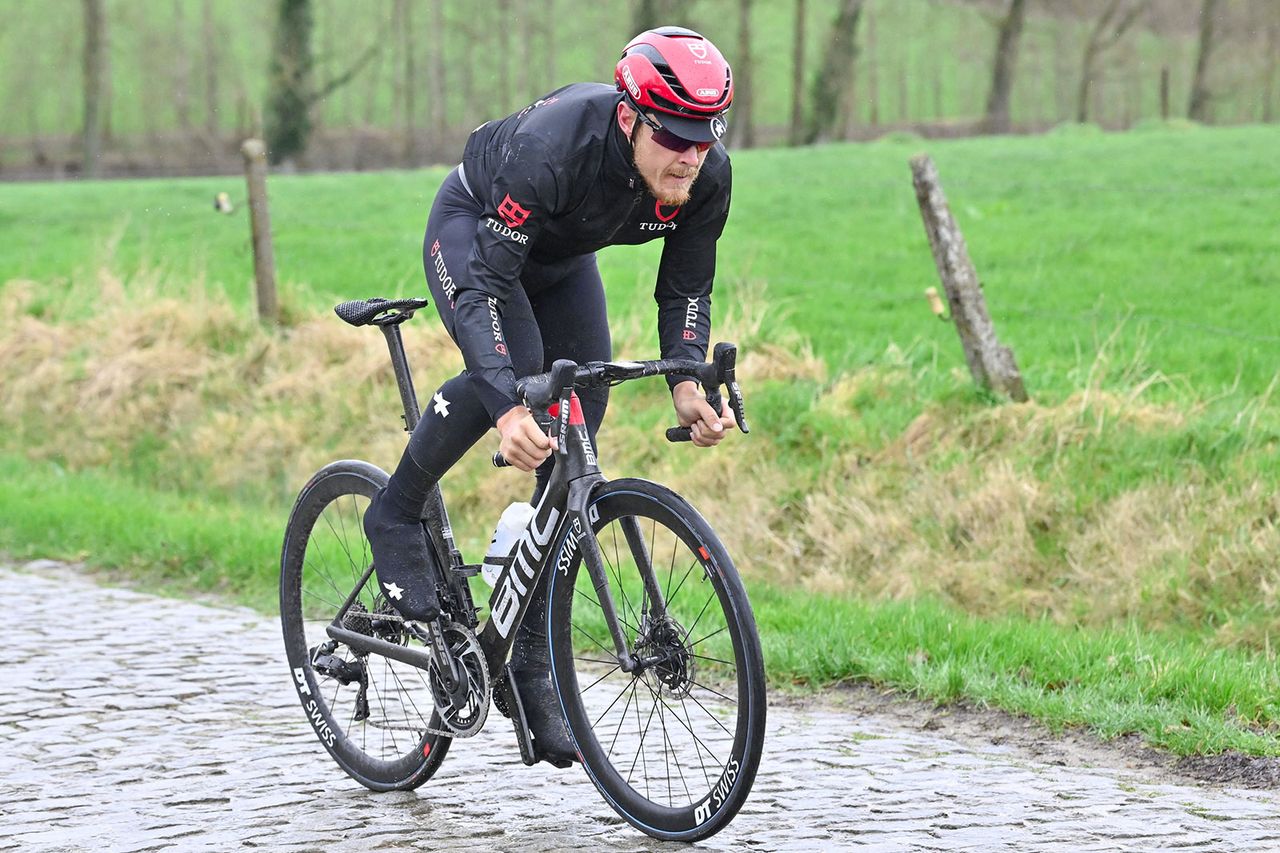 Italian Matteo Trentin of Tudor Pro Cycling Team rides during the route reconnaissance of next day's cycling race Omloop Het Nieuwsblad, near Ghent on February 23, 2024. (Photo by DIRK WAEM / Belga / AFP) / Belgium OUT