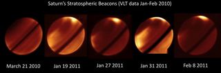 Saturn's stratospheric beacons (atmospheric responses to the storm plumes deep below in the troposphere) are still present to this day. This ESO/VLT view shows features on a number of days in January and February 2011. The left hand image shows Saturn's normal quiescent stratosphere in March 2010, 9 months before the outbreak of the storm.