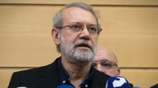 Ali Larijani, Secretary of Iran's Supreme National Security Council, attends a joint press conference in Beirut in 2025