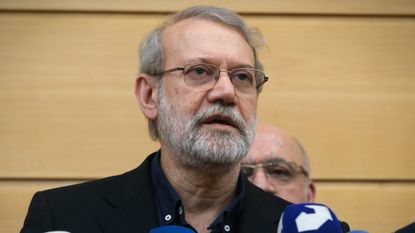 Ali Larijani, Secretary of Iran's Supreme National Security Council, attends a joint press conference in Beirut in 2025