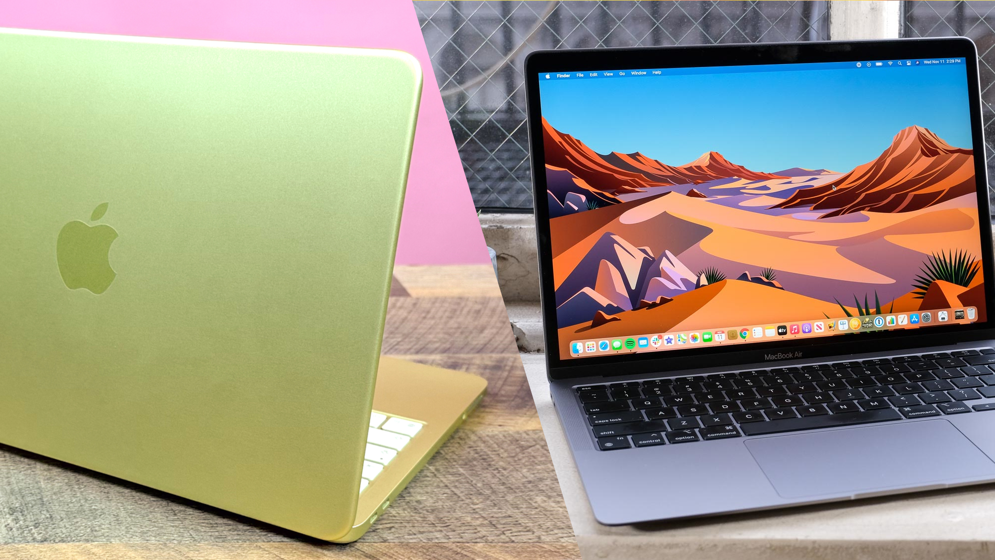A side by side shot showing the MacBook Neo on the left and the MacBook Air M1 on the right