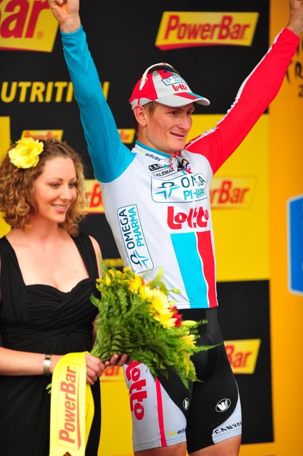 Andre Greipel (Omega Pharma-Lotto) steps onto the Tour de France podium for the first time in his career.