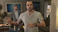 Trevor Phillips from GTA 5 as he walks through a swanky apartment with Michael De Santa and Franklin Clinton. He's animated and mid-speech. 