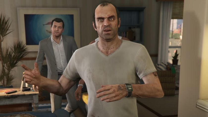 Trevor Phillips from GTA 5 as he walks through a swanky apartment with Michael De Santa and Franklin Clinton. He&#039;s animated and mid-speech. 