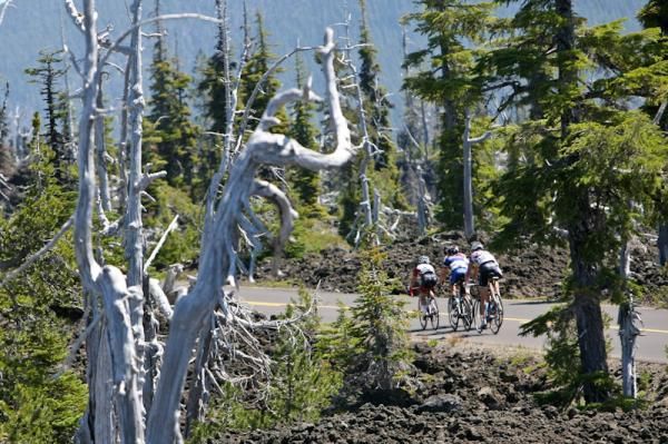 The breakaway heads through the odd landscape of a lave field.