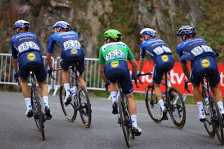 LUZ ARDIDEN FRANCE JULY 15 Michael Mrkv of Denmark Tim Declercq of Belgium Dries Devenyns of Belgium Davide Ballerini of Italy Mark Cavendish of The United Kingdom and Team Deceuninck QuickStep Green Points Jersey during the 108th Tour de France 2021 Stage 18 a 1297km stage from Pau to Luz Ardiden 1715m LeTour TDF2021 on July 15 2021 in Luz Ardiden France Photo by Tim de WaeleGetty Images