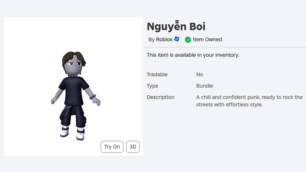 Nguyen Boi avatar bundle status check Nguyen Boi avatar bundle item page in Roblox