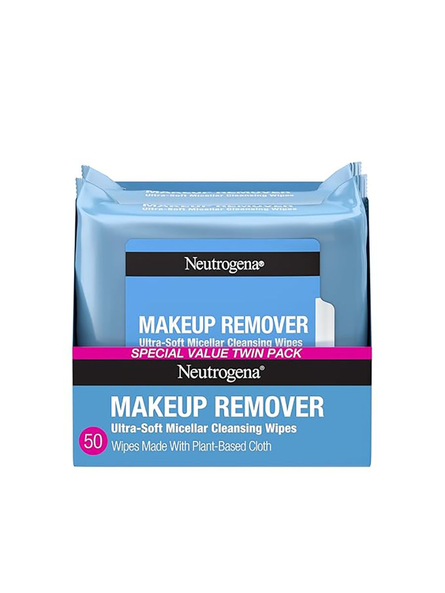 Neutrogena, Neutrogena Makeup Remover Wipes Micellar Alcohol-Free Face Towelettes Remove Waterproof Mascara & Oil, Compostable 100% Plant-Based Cloth, Dermatologist & Ophthalmologist Tested, Twin Pack 2 X 25 Ct