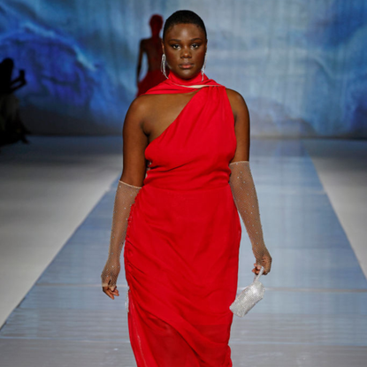 Shein runway france fast fashion ban red dress on model