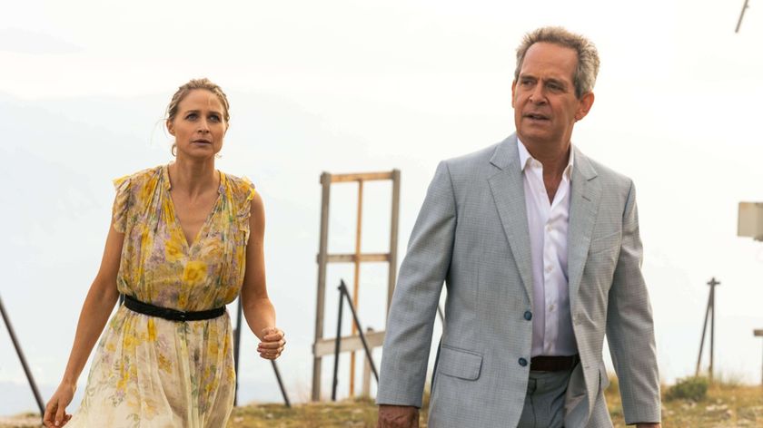 Niamh Algar as Iris Nixon and Tom Hollander as Cameron Beck in a scene from The Iris Affair.