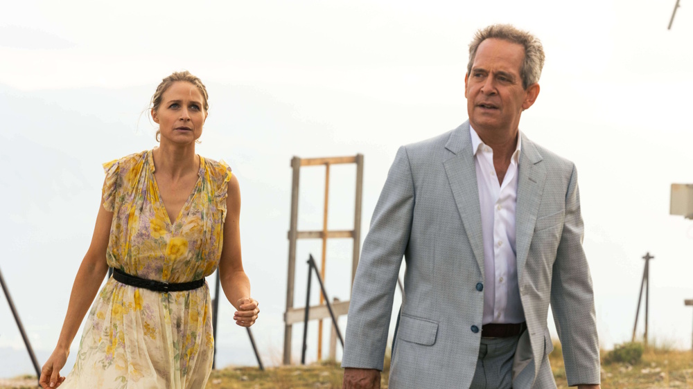 Niamh Algar as Iris Nixon and Tom Hollander as Cameron Beck in a scene from The Iris Affair.