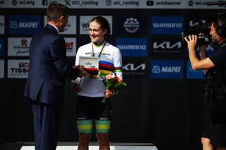 Picture by Ed Sykes/SWpix.com - 22/09/2024 - 2024 UCI Road and Para-cycling Road World Championships, Zurich, Switzerland - Womenâ€™s Elite Individual Time Trial (ITT) Podium - Grace Brown (Australia) on the podium receiving the Gold Medal and becoming World Champions