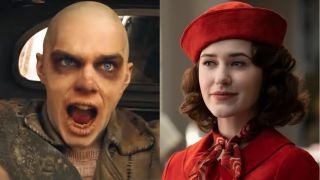 Nicholas Hoult in Mad Max: Fury Road and Rachel Brosnahan The Marvelous Mrs. Maisel, pictured side by side.