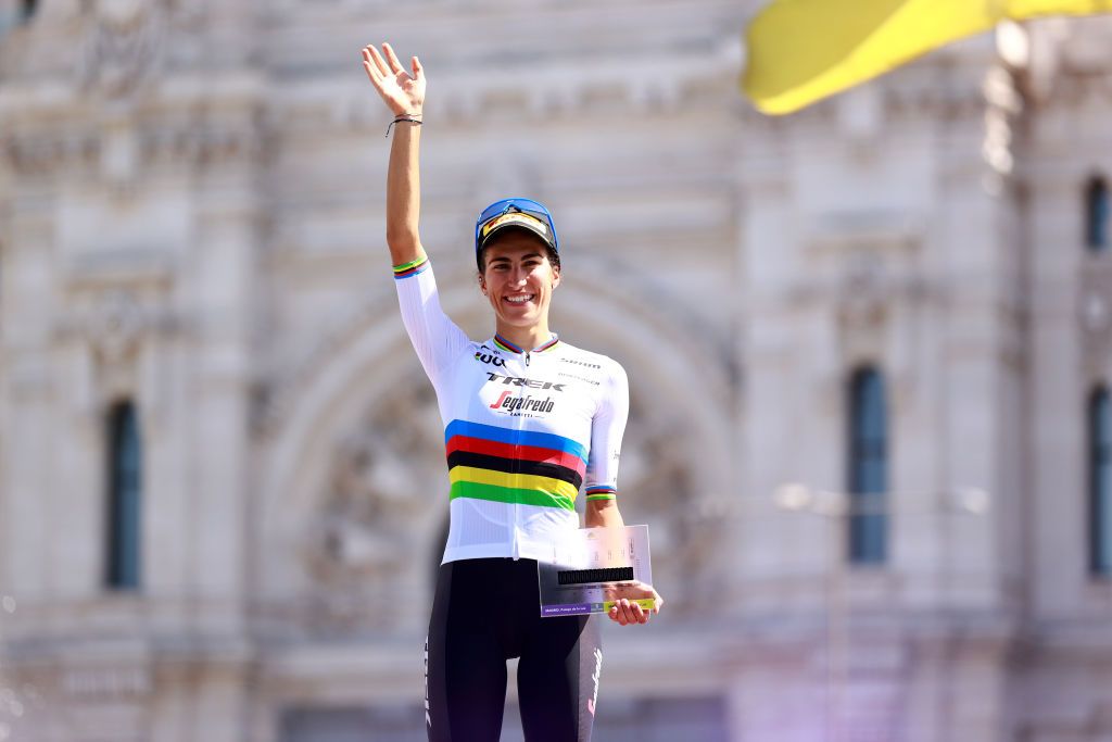 MADRID SPAIN SEPTEMBER 11 Elisa Balsamo of Italy and Team Trek Segafredo celebrates at podium as stage winner during the 8th Ceratizit Challenge By La Vuelta 2022 Stage 5 a 957km stage from Madrid to Madrid CERATIZITChallenge22 UCIWWT on on September 11 2022 in Madrid Spain Photo by Gonzalo Arroyo MorenoGetty Images