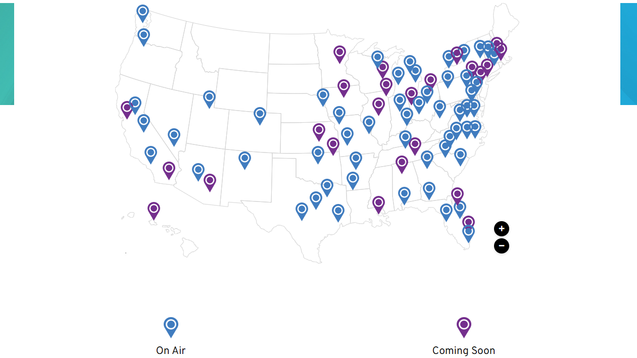 USA map showing cities with current and planned ATSC 3.0 TV stations