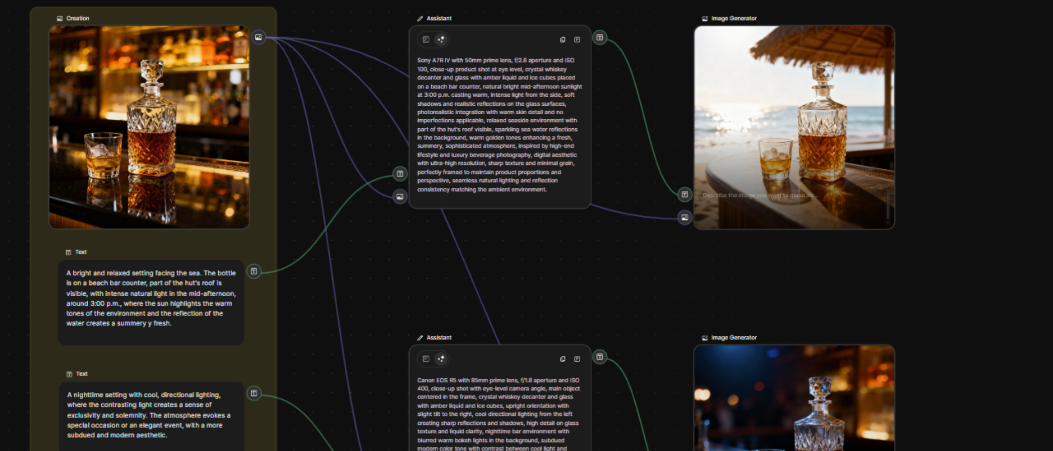 Freepik Spaces showing AI text prompts and image generation of a whiskey bottle and glass all linked