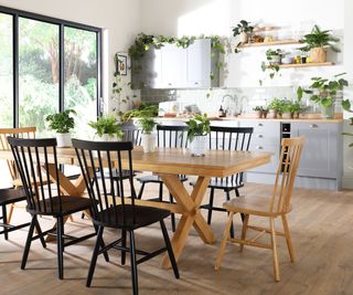 modern blue kitchen diner with wooden dining table and bi-fold doors and engineered wood flooring