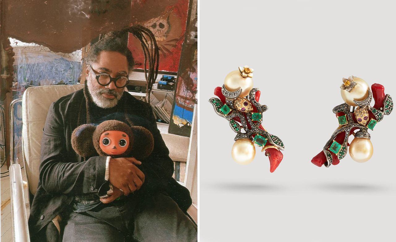 portrait of Terry Castro holding toy monkey, and image of Castro NYC jewellery designs